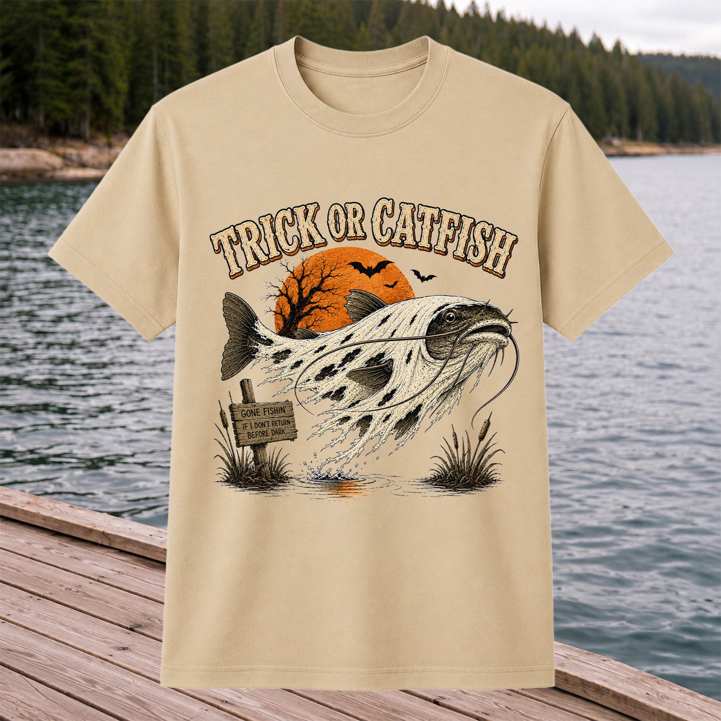 Trick or Catfish Halloween Fishing T-Shirt, Vintage Trout Angler Tee