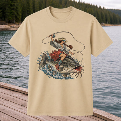 Cowgirl Riding a Largemouth Bass Fishing Graphic T-Shirt