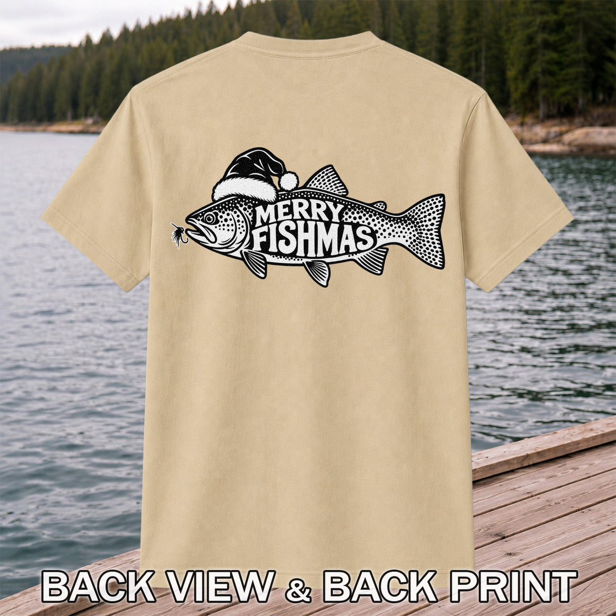 Merry Fishmas Black and White Trout Christmas Fishing T-Shirt | Back Print