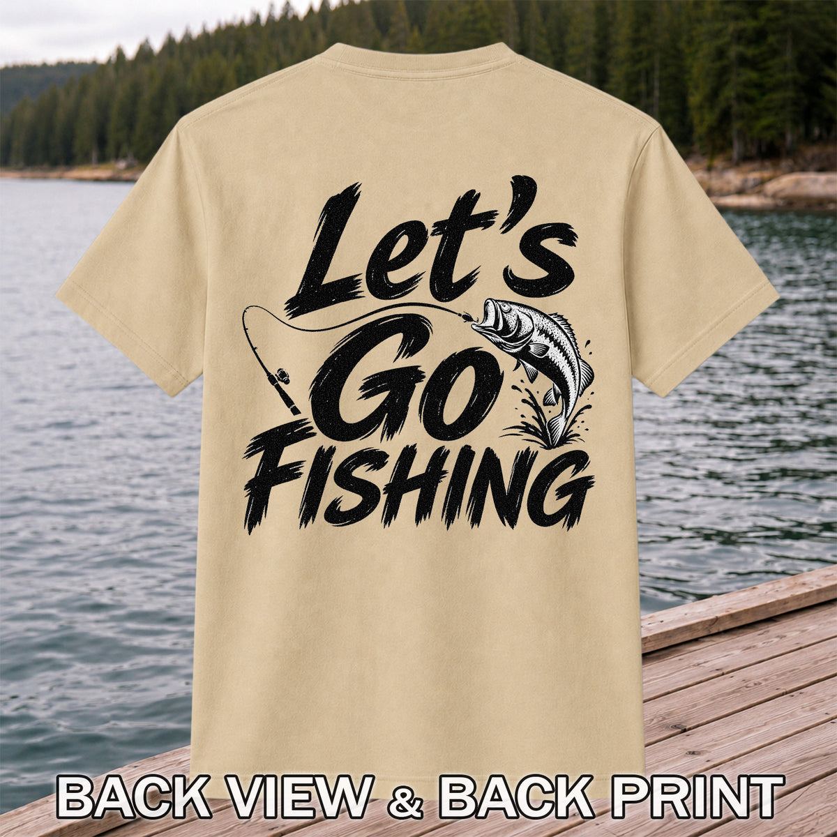 Let's Go Fishing with Jumping Bass Graphic T-Shirt | Back Print