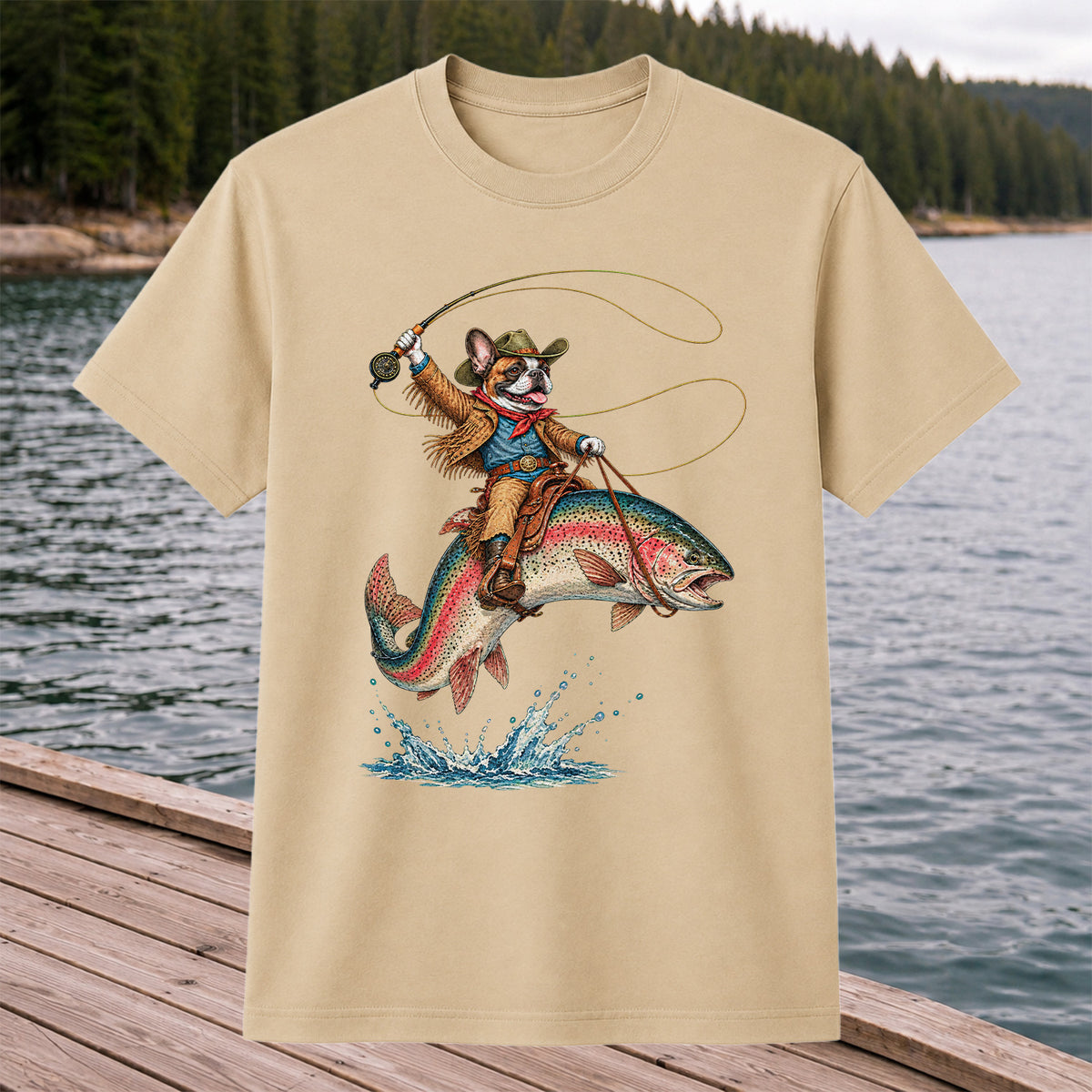 Cowboy French Bulldog Riding a Rainbow Trout Fishing T-Shirt