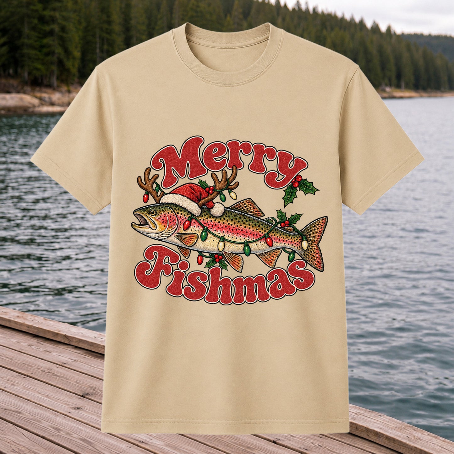 Merry Fishmas Reindeer Rainbow Trout Christmas Fishing T-Shirt