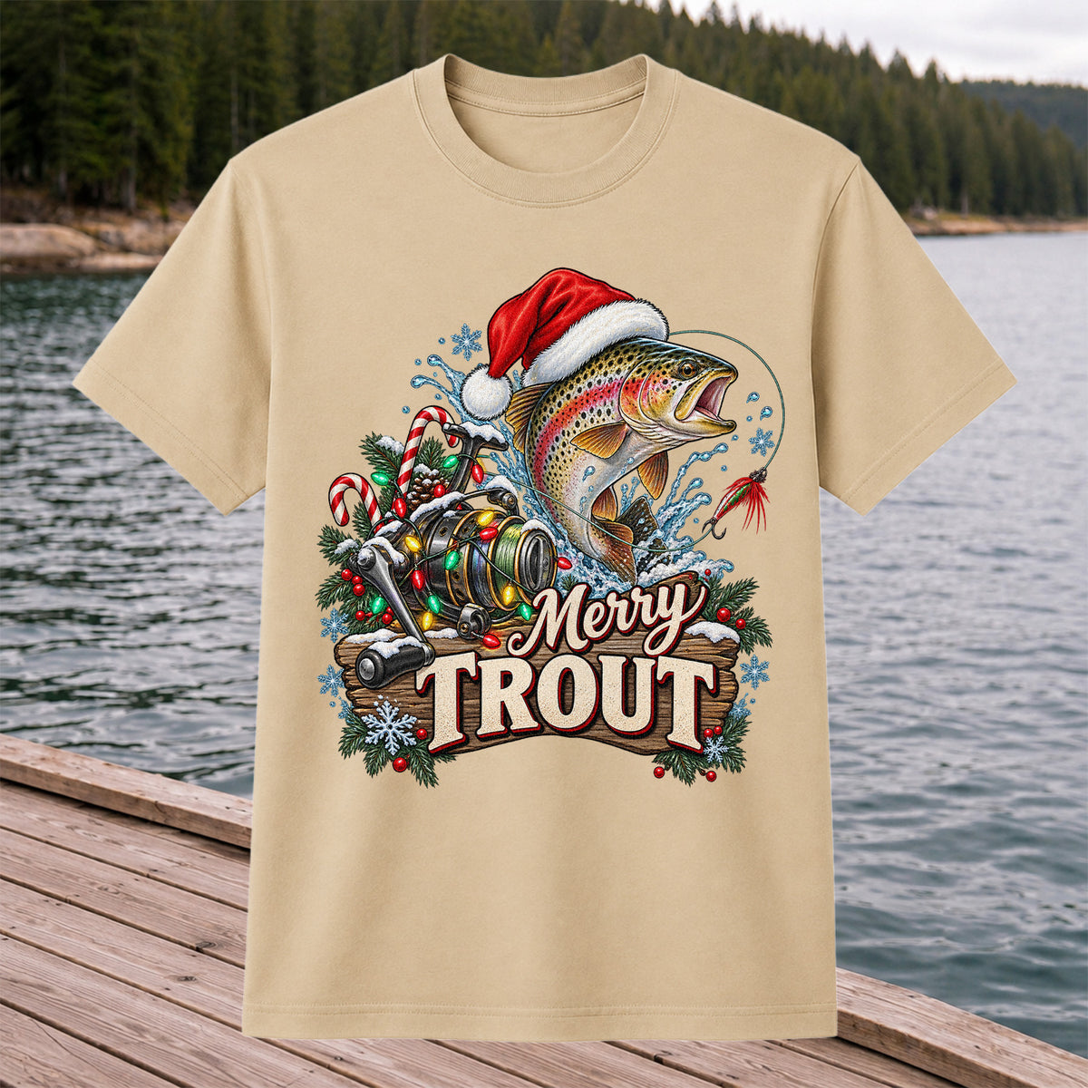 Merry Trout Christmas Rainbow Trout and Fishing Reel T-Shirt