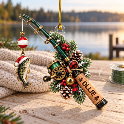 Personalized Fishing Rod Acrylic Christmas Ornament, Custom Name Fishing Gift