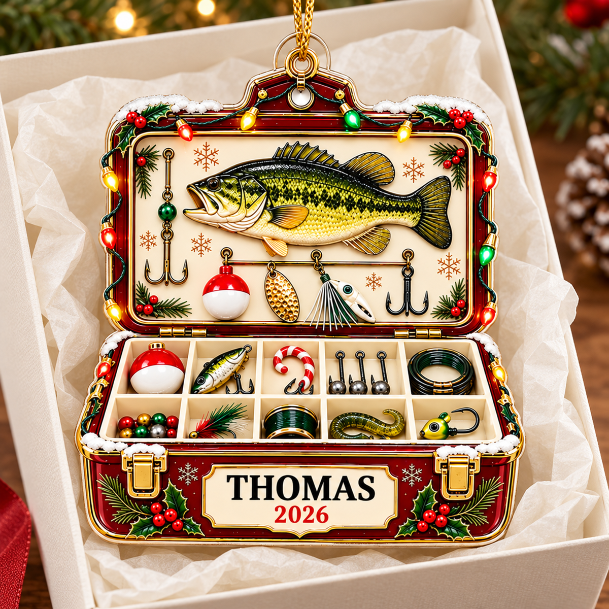 Personalized Fishing Tackle Box Acrylic Christmas Ornament, Custom Name Gift for Fisherman