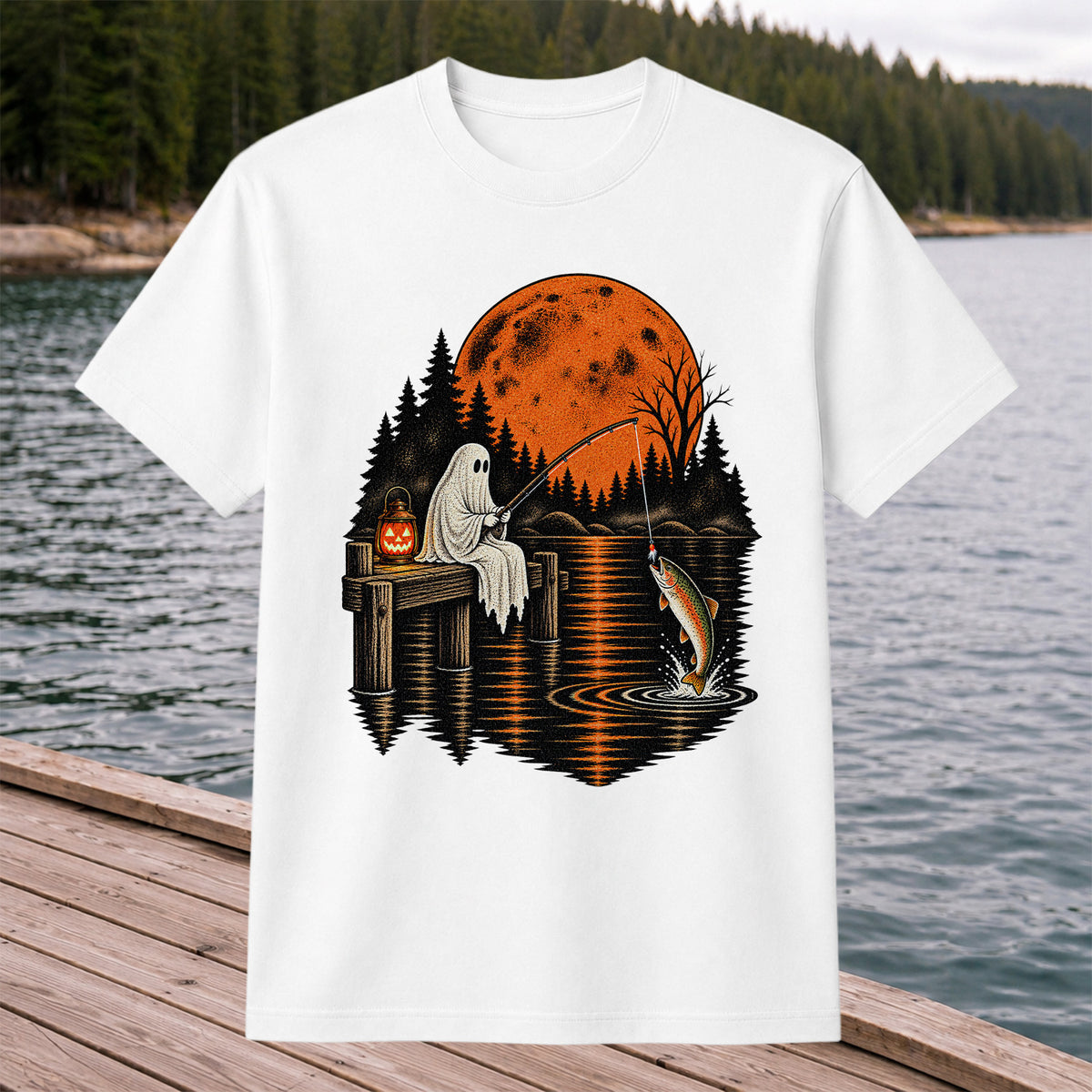 Ghost Fishing for Rainbow Trout Under an Orange Moon Halloween T-Shirt