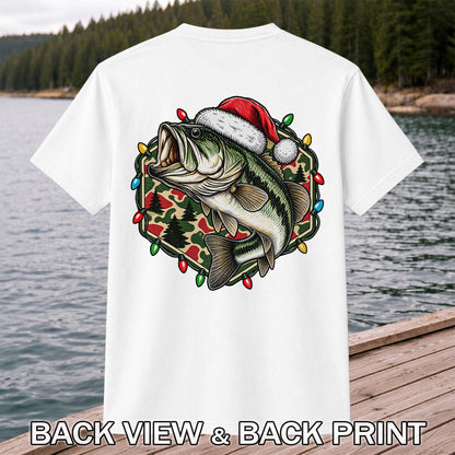 Santa Hat Largemouth Bass Christmas Fishing Graphic T-Shirt | Back Print