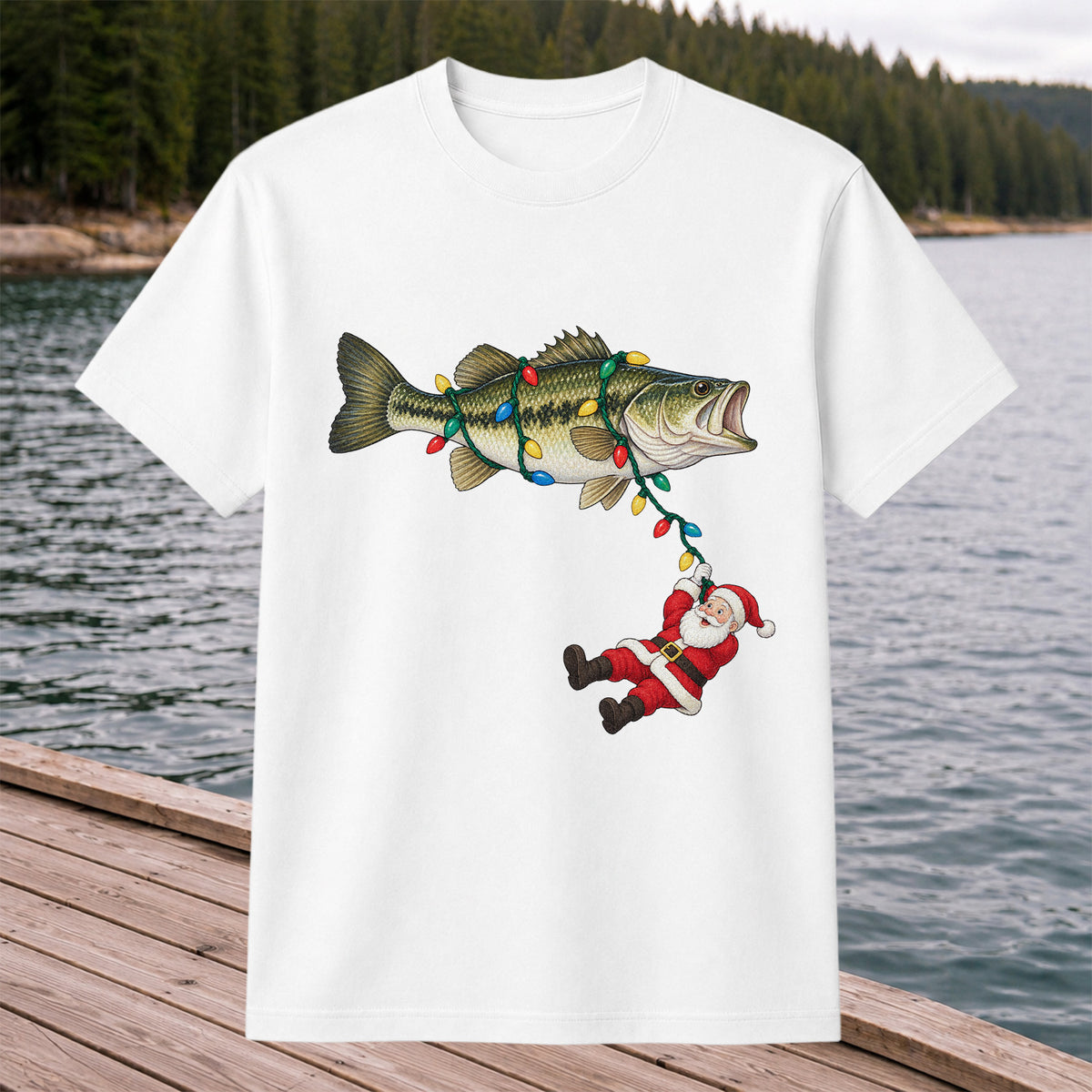 Santa Hanging from Christmas Lights on Bass Fishing Graphic T-Shirt