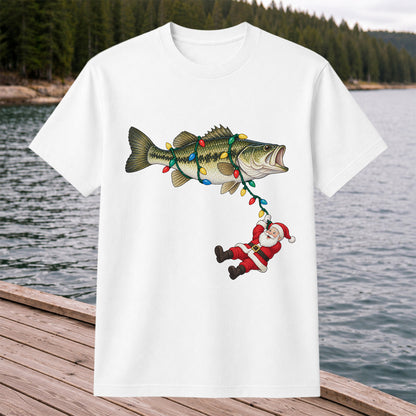 Santa Hanging from Christmas Lights on Bass Fishing Graphic T-Shirt