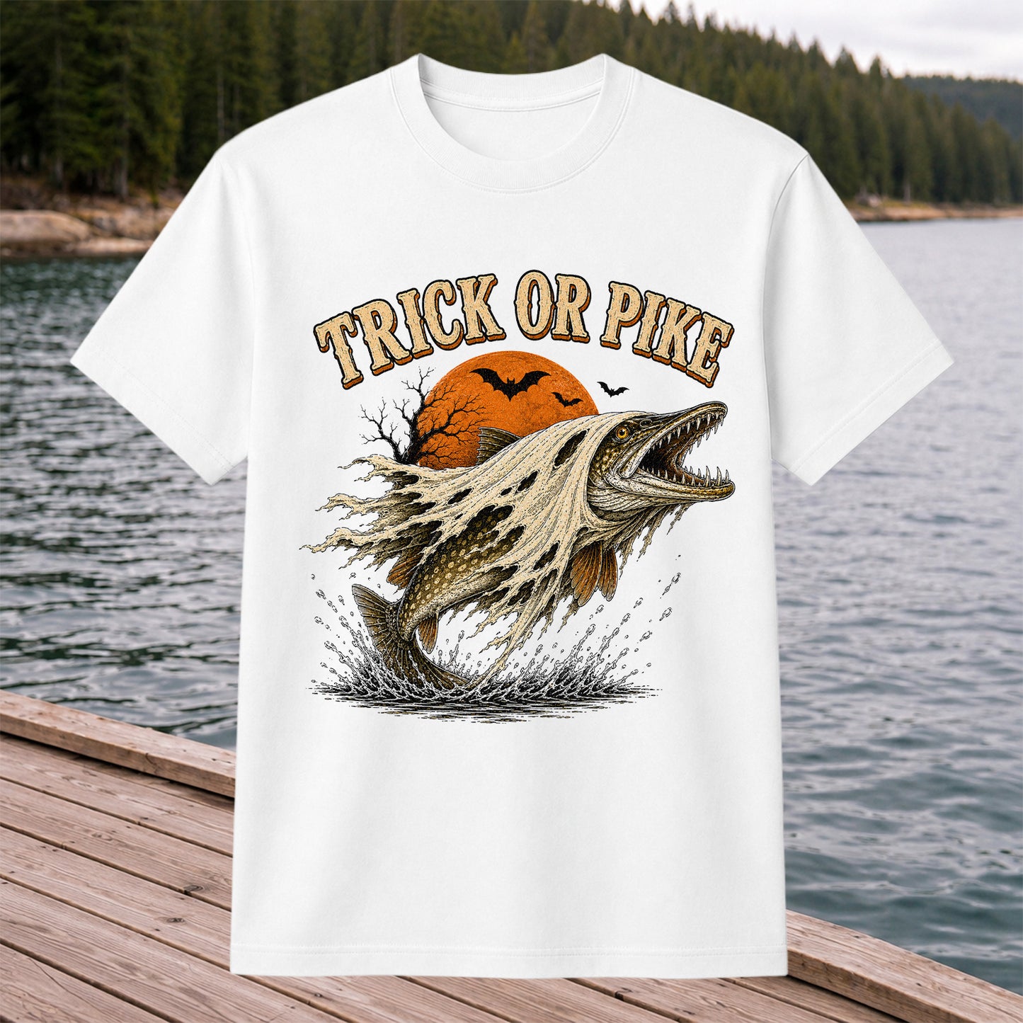 Trick or Pike Halloween Fishing T-Shirt, Vintage Trout Angler Tee