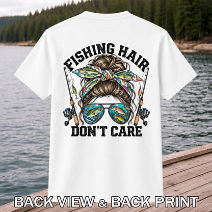Fishing Hair Don't Care Messy Bun and Sunglasses T-Shirt | Back Print