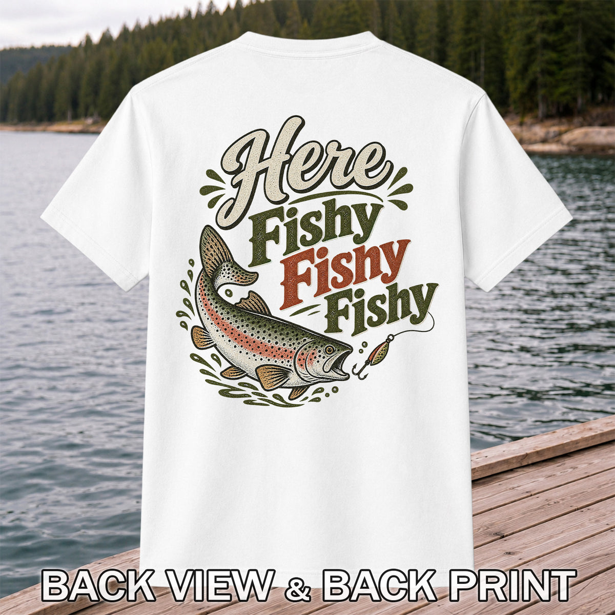 Here Fishy Fishy Rainbow Trout Fishing T-Shirt | Back Print