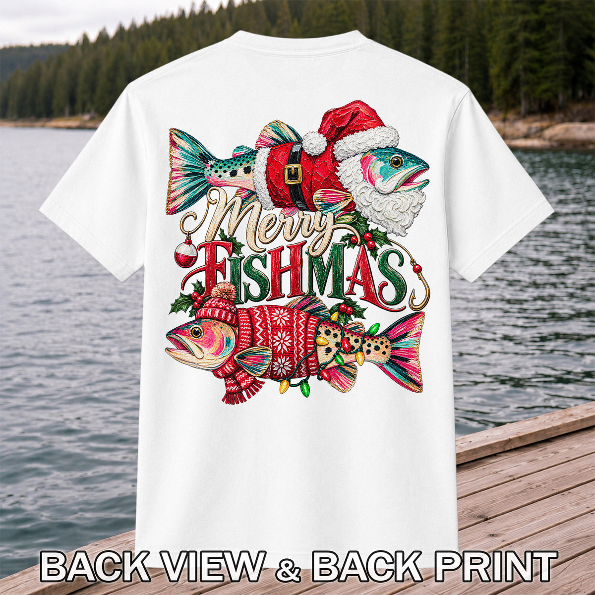 Merry Fishmas Santa Fish Christmas Fishing Graphic T-Shirt | Back Print