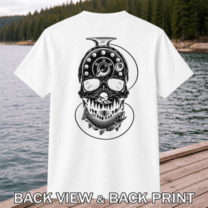 Trout and Fly Fishing Reel Skull Mountain Graphic T-Shirt | Back Print