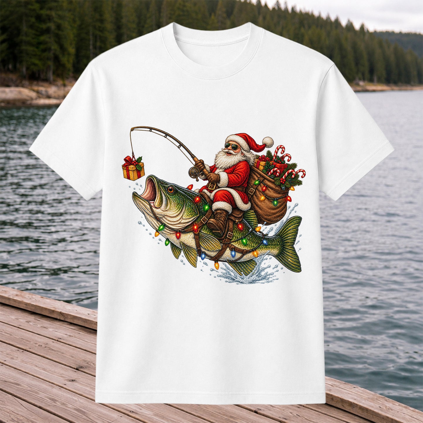 Santa Riding a Largemouth Bass Christmas Fishing Graphic T-Shirt