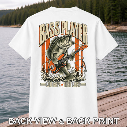 Bass Playing Guitar Vintage Fishing Graphic T-Shirt | Back Print