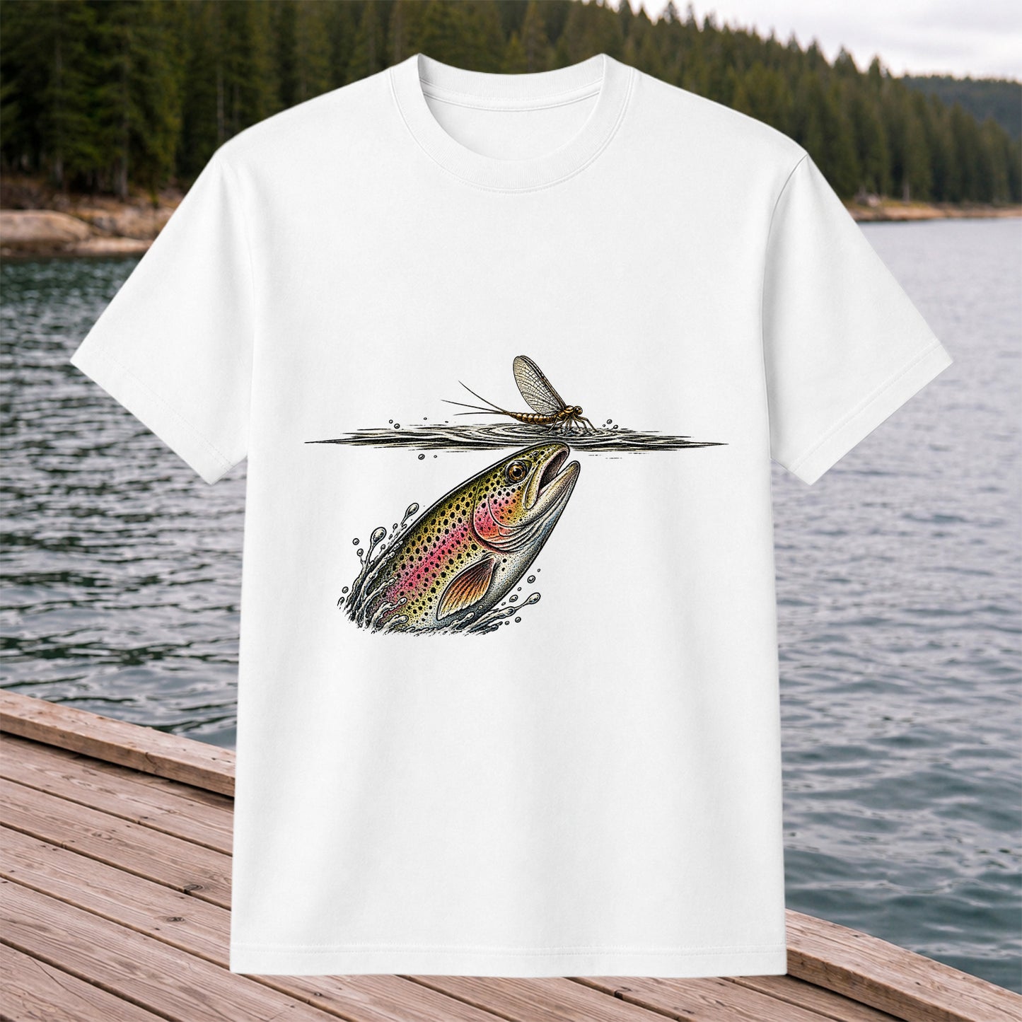 Rainbow Trout Rising to Mayfly Fishing Graphic T-Shirt