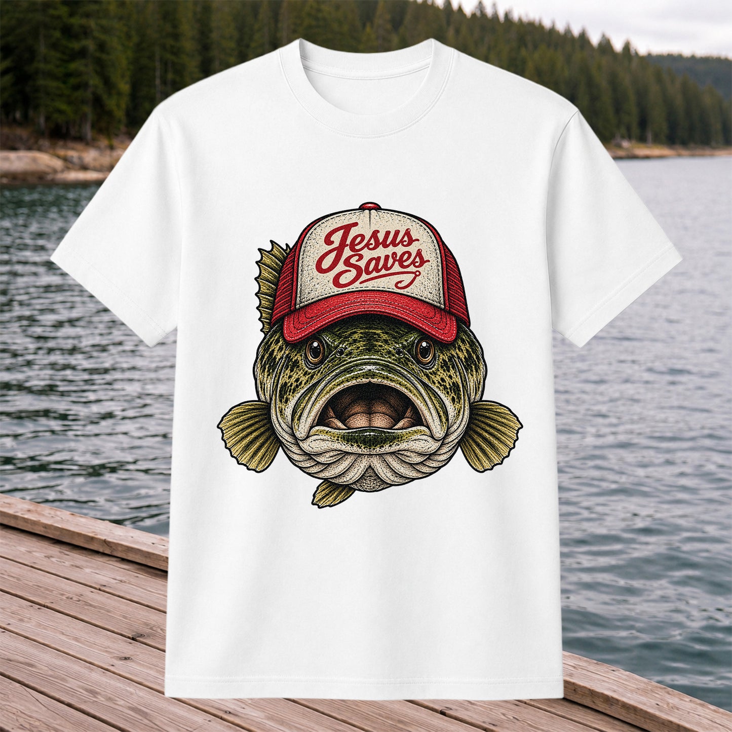 Jesus Saves Largemouth Bass in a Trucker Hat Fishing T-Shirt