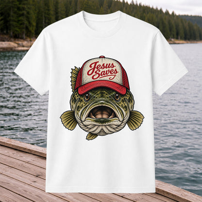 Jesus Saves Largemouth Bass in a Trucker Hat Fishing T-Shirt