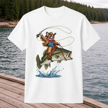 French Bulldog Cowboy Riding a Bass Fishing Graphic T-Shirt