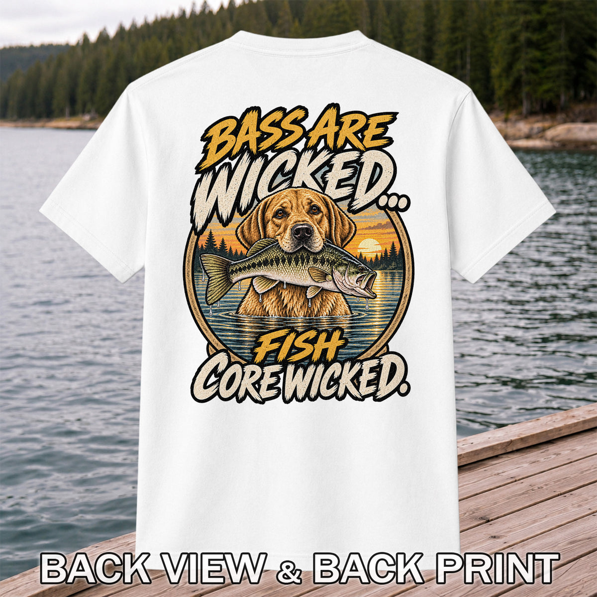 Bass Are Wicked Fish Core Wicked Dog Holding Bass Fishing T-Shirt | Back Print