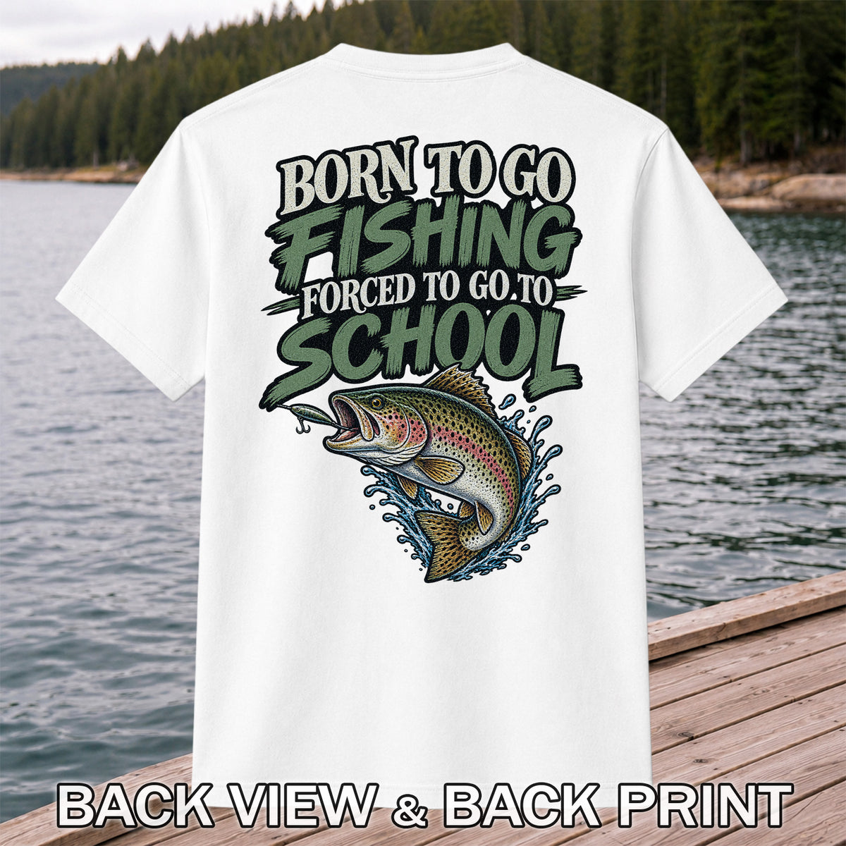 Born to Go Fishing Forced to Go to School Rainbow Trout T-Shirt | Back Print