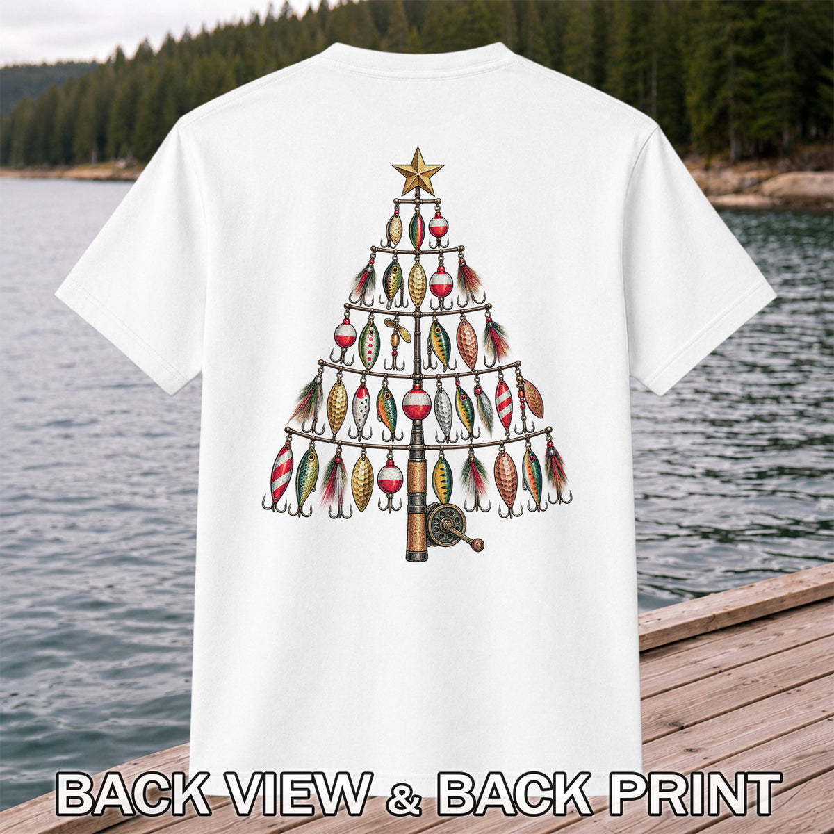 Fishing Lure Christmas Tree with Rod and Reel Graphic T-Shirt | Back Print