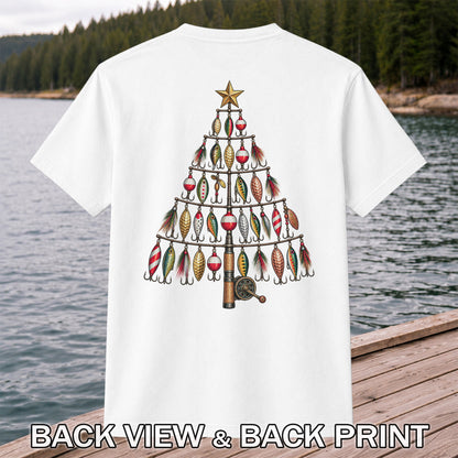 Fishing Lure Christmas Tree with Rod and Reel Graphic T-Shirt | Back Print