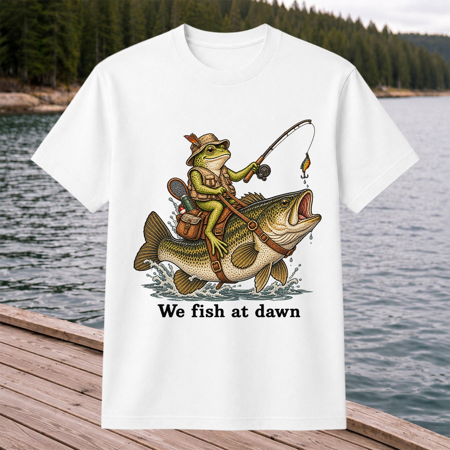 We Fish at Dawn Frog Riding Largemouth Bass Funny Fishing T-Shirt