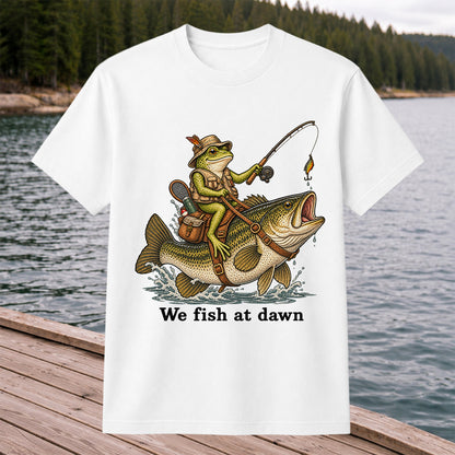 We Fish at Dawn Frog Riding Largemouth Bass Funny Fishing T-Shirt