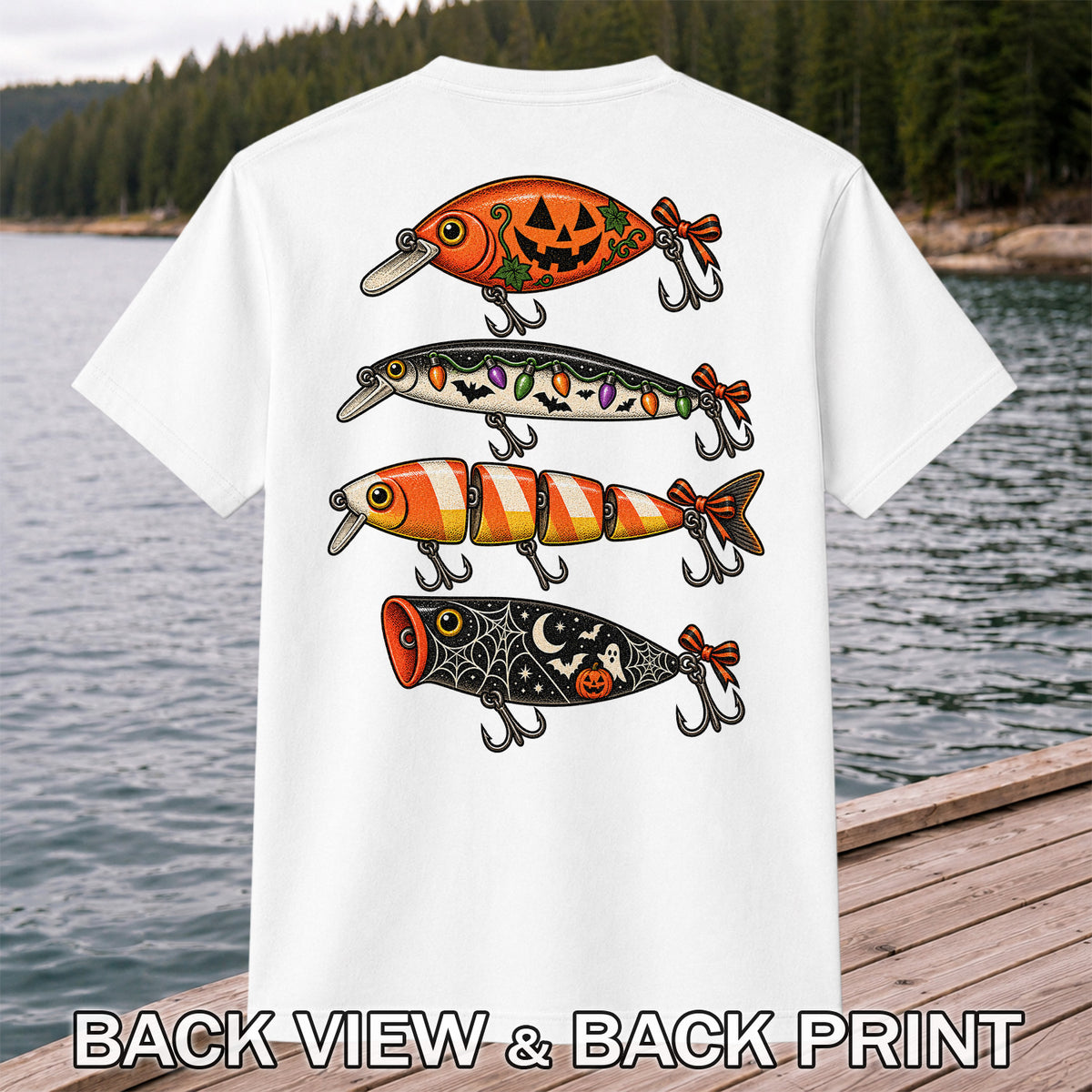 Halloween Fishing Lures with Pumpkin, Ghost and Candy Corn Graphic T-Shirt | Back Print