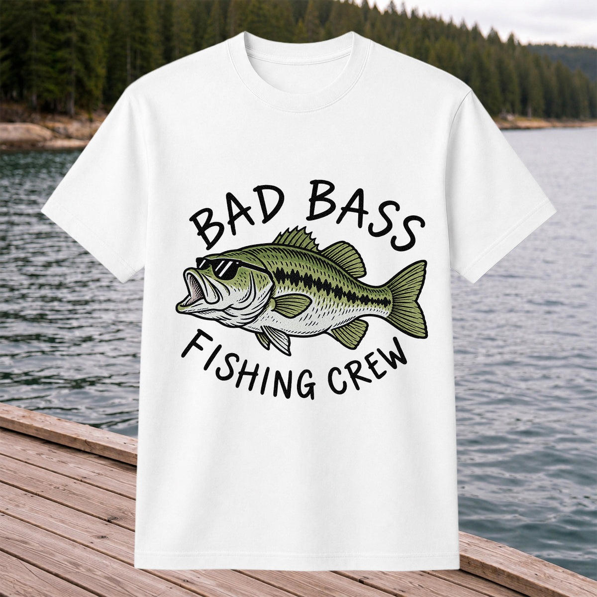 Bad Bass Fishing Crew Funny Graphic T-Shirt