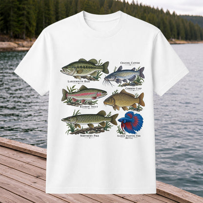 Bass Trout Catfish Carp Pike and Betta Freshwater Fish Graphic T-Shirt