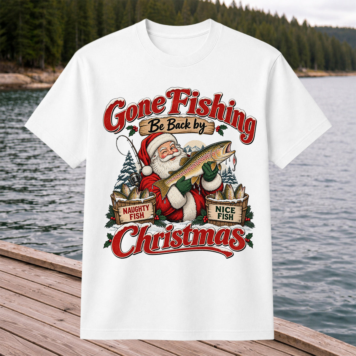 Gone Fishing Be Back by Christmas Santa Trout T-Shirt