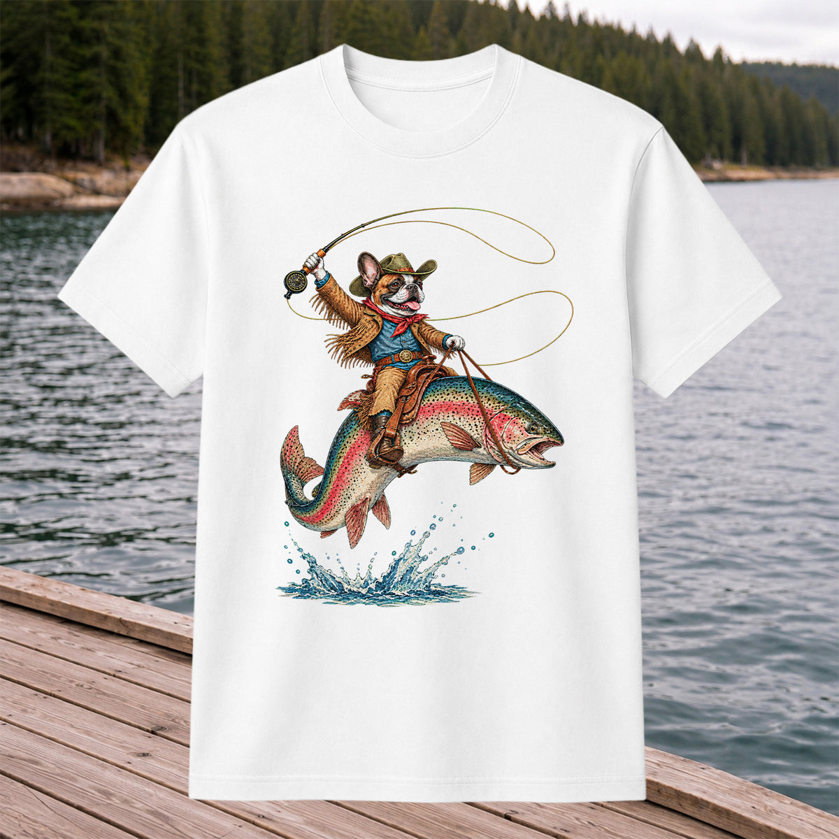 Cowboy French Bulldog Riding a Rainbow Trout Fishing T-Shirt