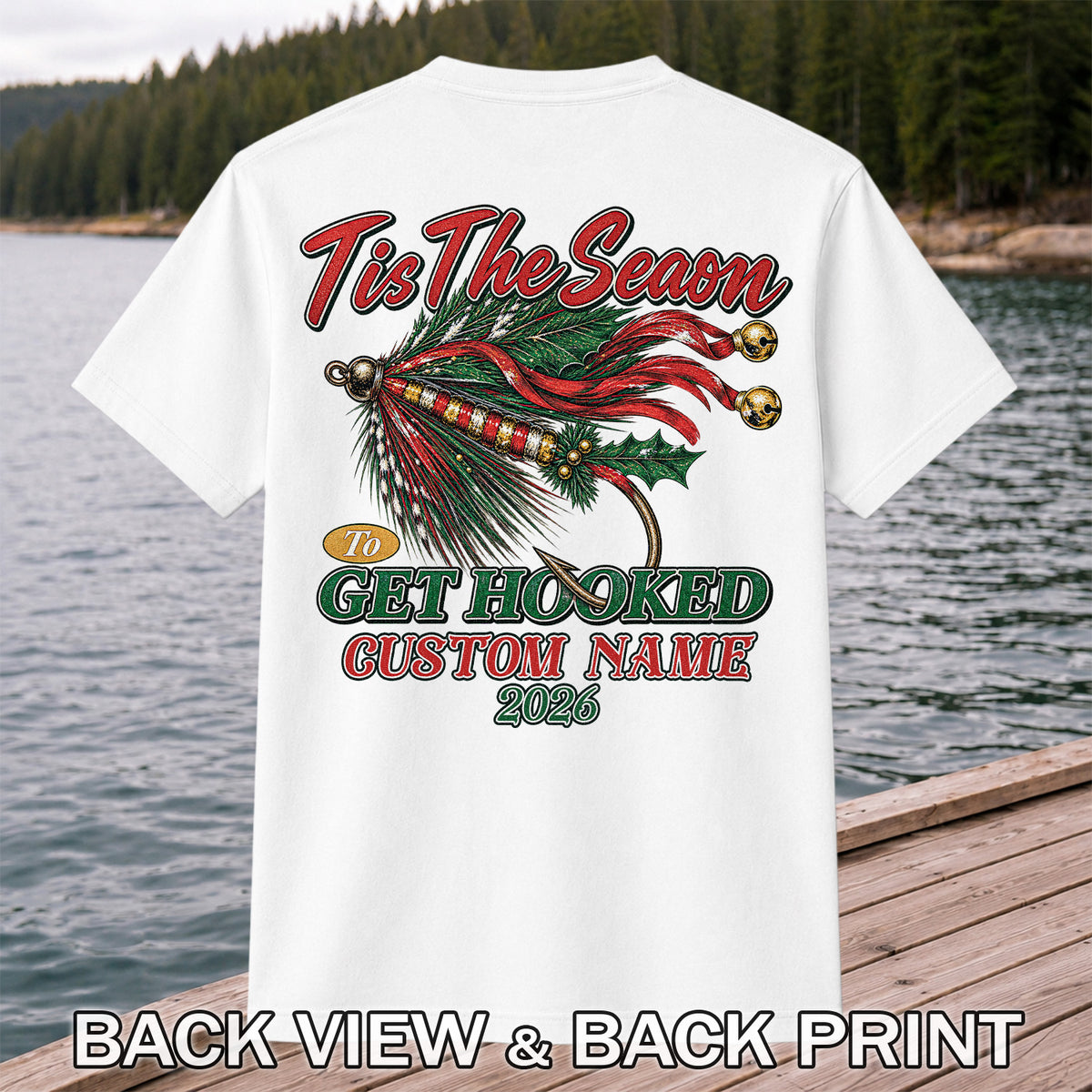 Personalized Christmas Fly Fishing Custom Name T-Shirt | Back Print
