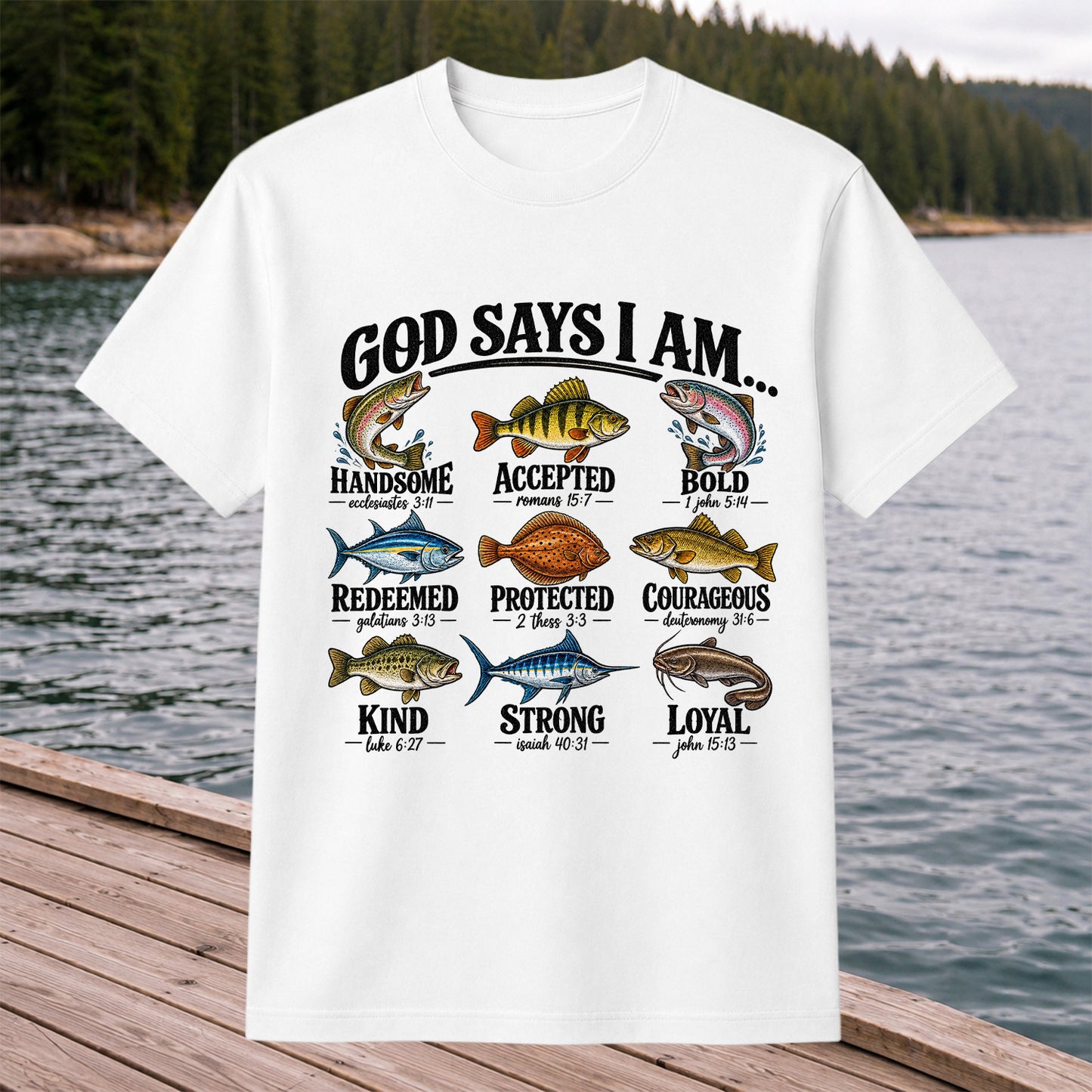 God Says I Am Christian Fish and Bible Verse Fishing Graphic T-Shirt