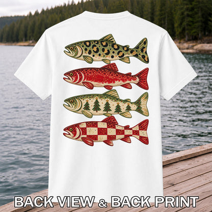 Four Seasonal Trout Patterns Christmas Fishing Graphic T-Shirt | Back Print