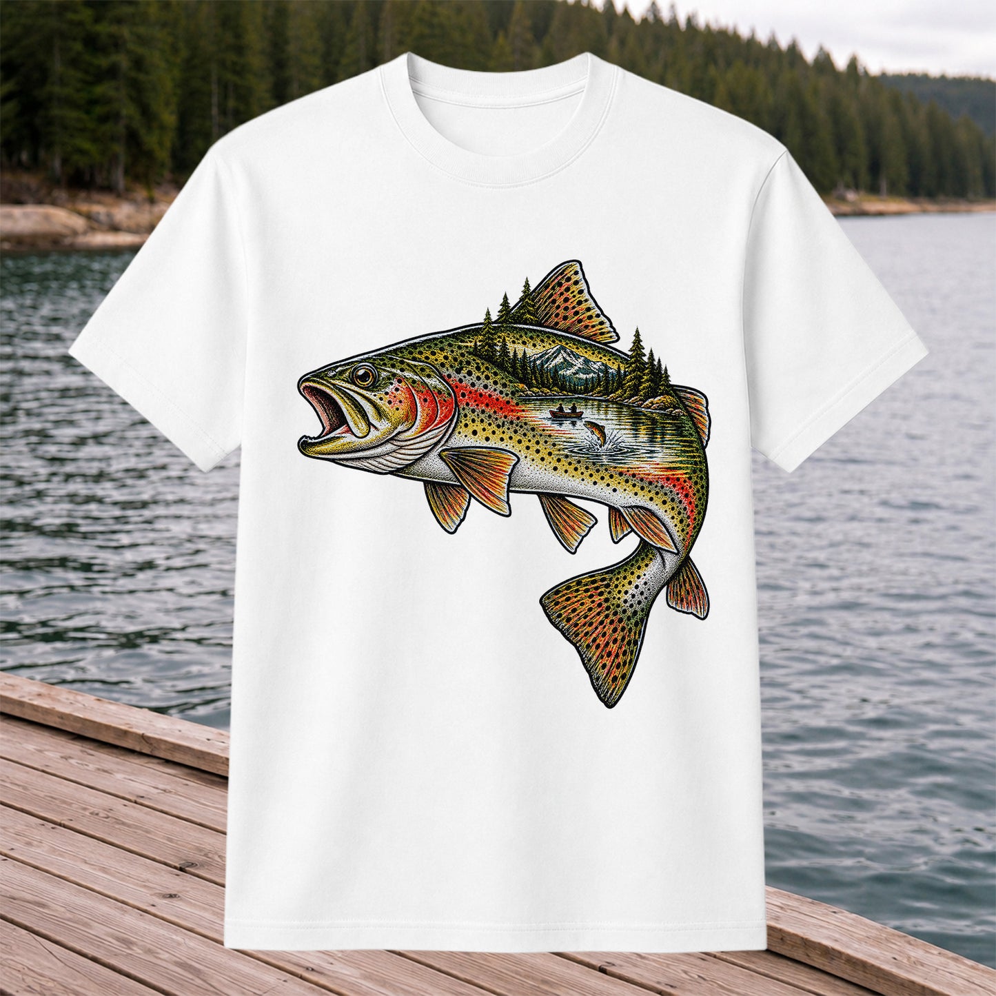 Rainbow Trout Mountain Lake Fishing Scene Graphic T-Shirt
