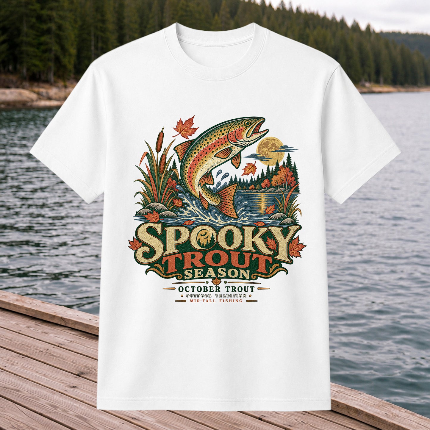 Spooky Trout Season Mid-Fall Fishing Graphic T-Shirt