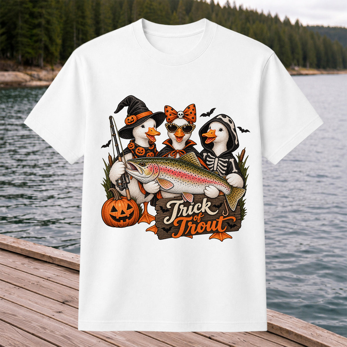 Trick of Trout Halloween Ducks with Rainbow Trout Fishing T-Shirt