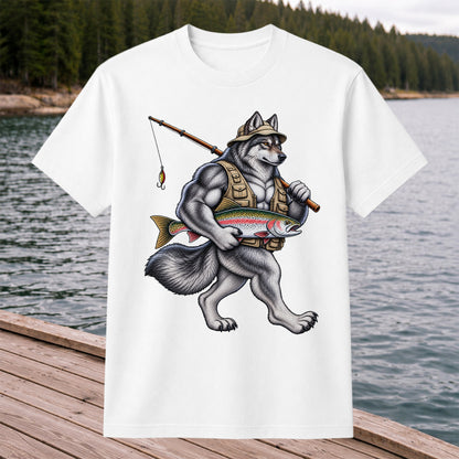Wolf Angler Holding Rainbow Trout Fishing Graphic T-Shirt