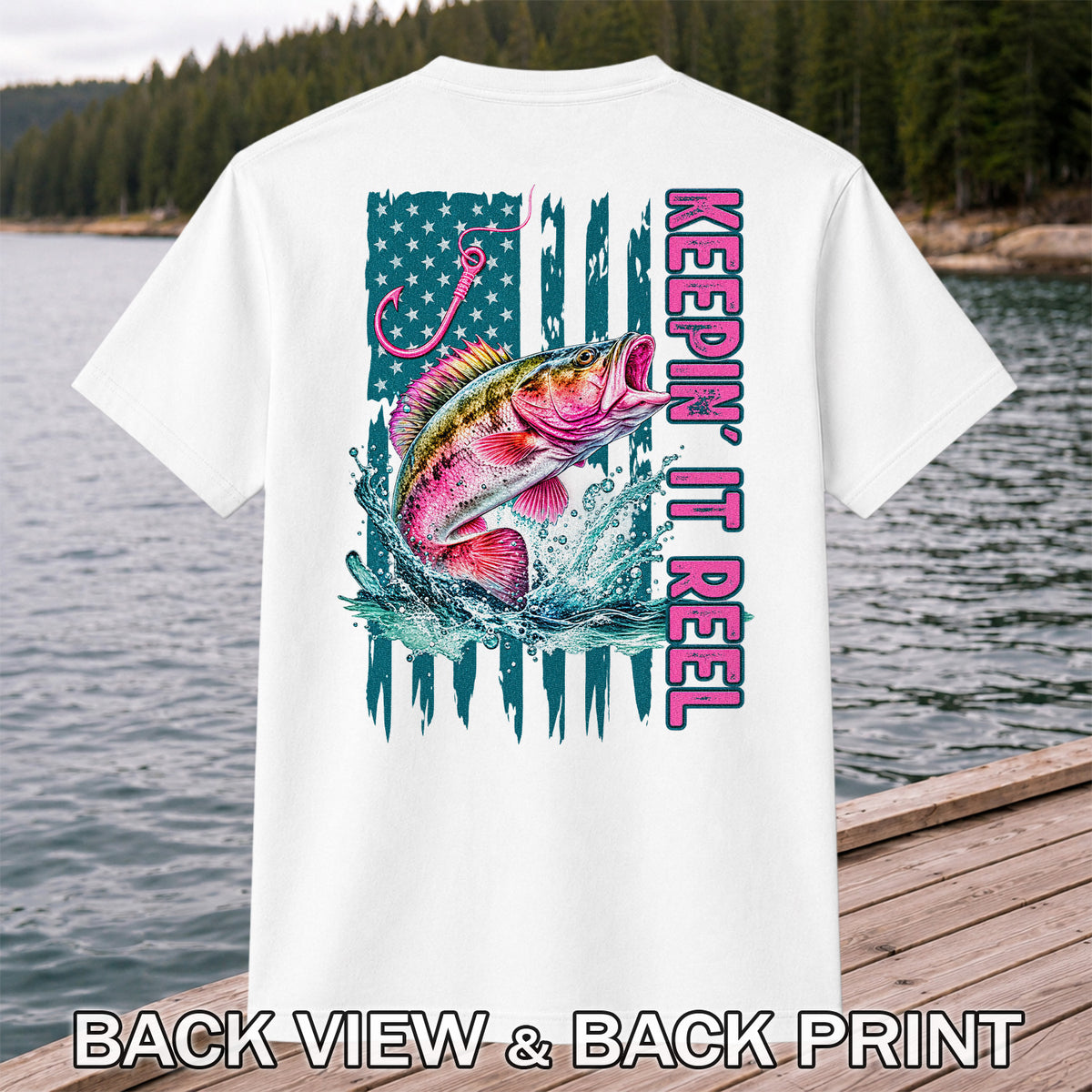 Keepin' It Reel Bass Fishing American Flag Graphic T-Shirt | Back Print