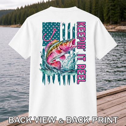 Keepin' It Reel Bass Fishing American Flag Graphic T-Shirt | Back Print