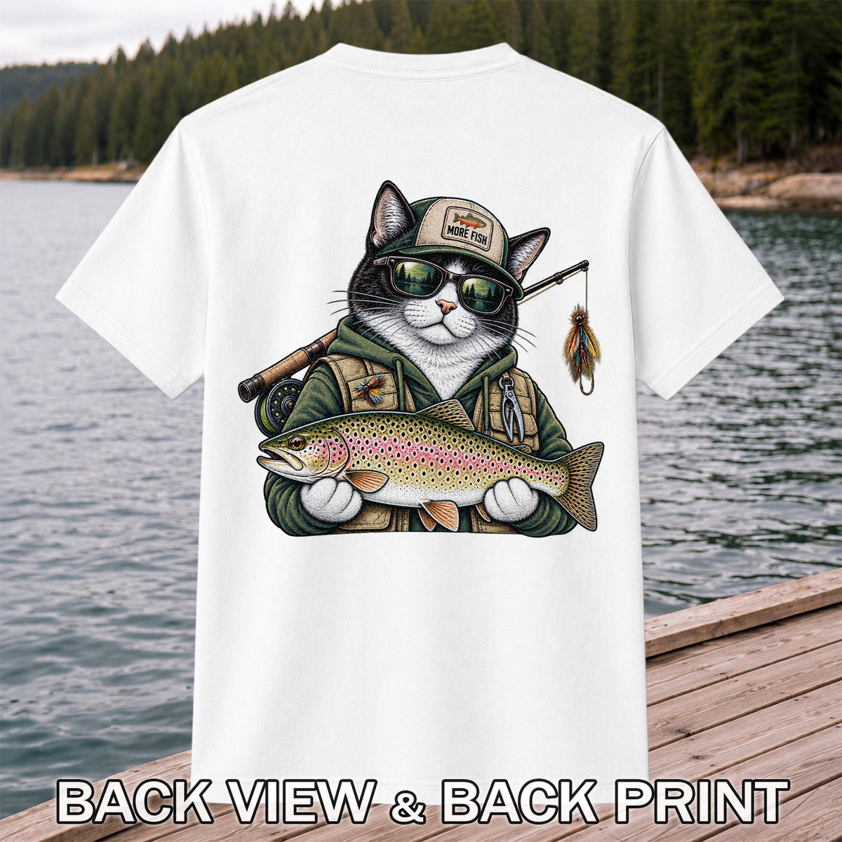 Cat Holding Rainbow Trout Fishing Graphic T-Shirt | Back Print