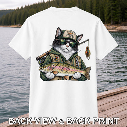 Cat Holding Rainbow Trout Fishing Graphic T-Shirt | Back Print
