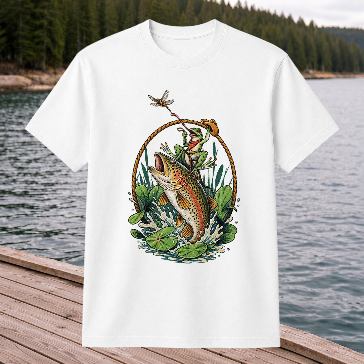 Frog Riding a Rainbow Trout Fishing Graphic T-Shirt
