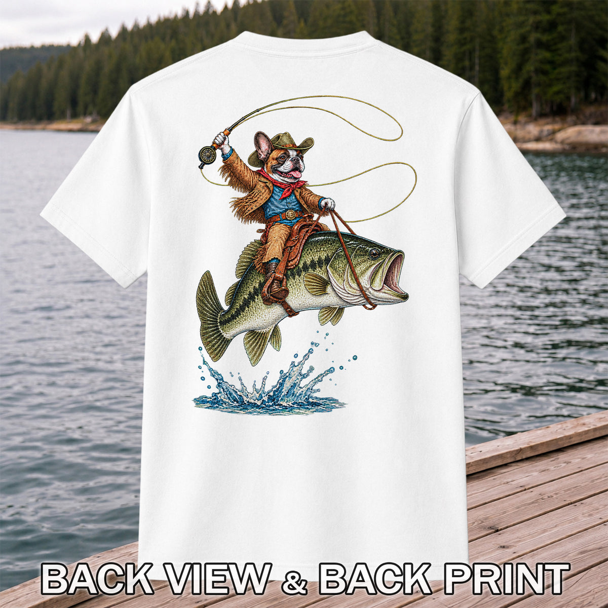 French Bulldog Cowboy Riding a Bass Fishing Graphic T-Shirt | Back Print