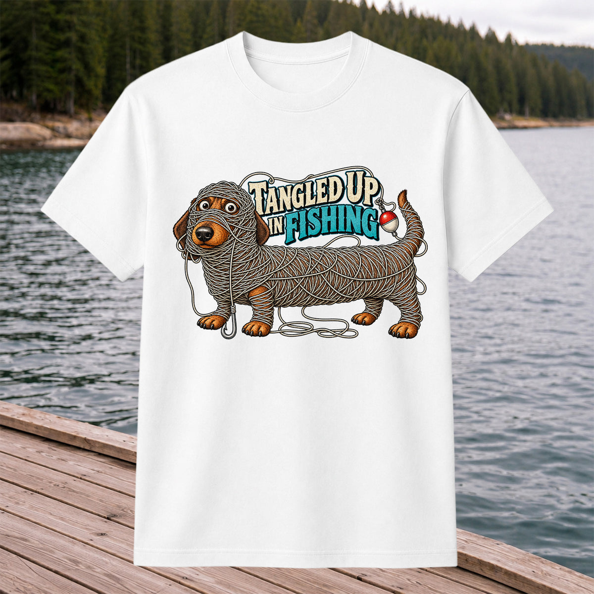 Tangled Up in Fishing Funny Dachshund Dog Graphic T-Shirt