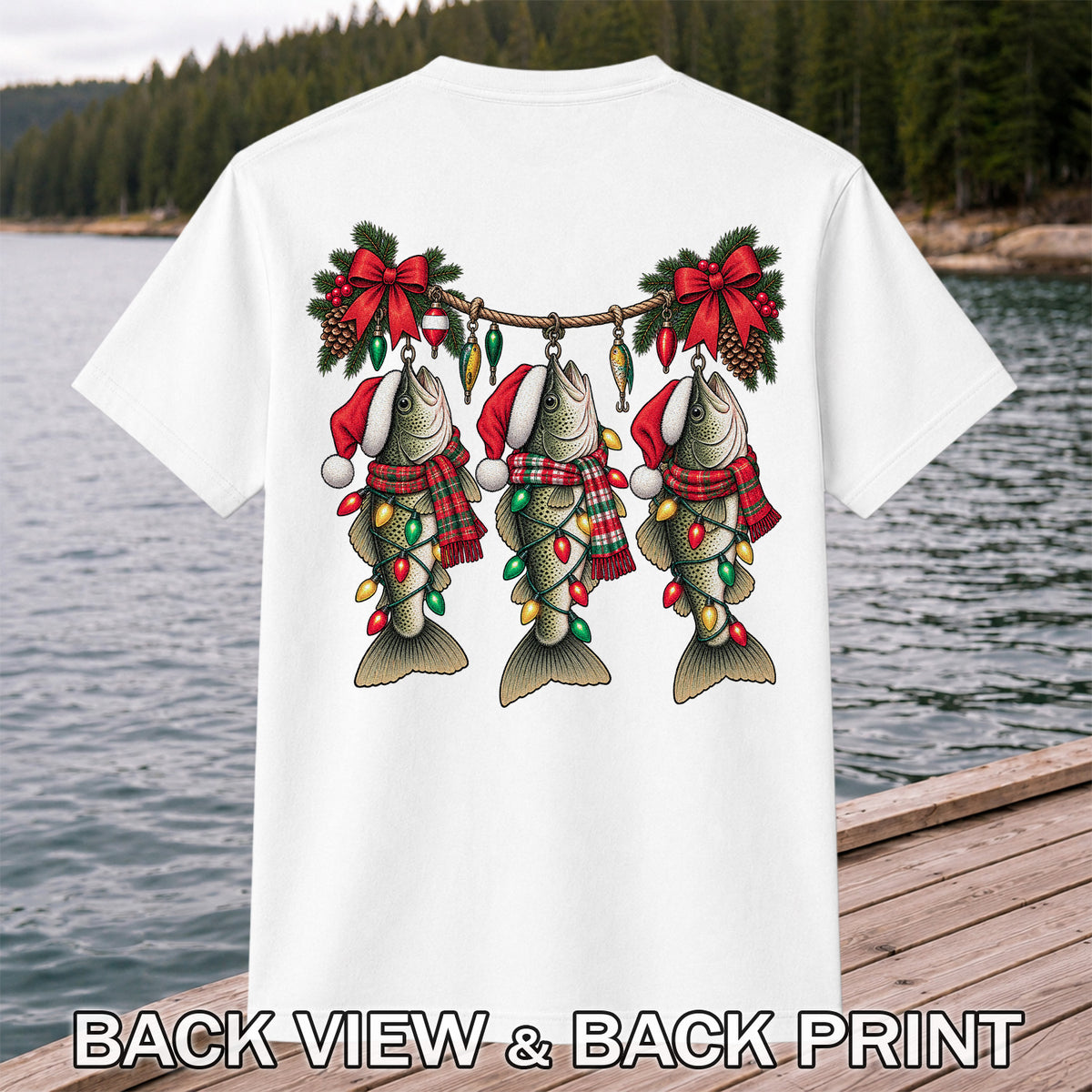 Christmas Fish Ornament Fishing Graphic T-Shirt | Back Print